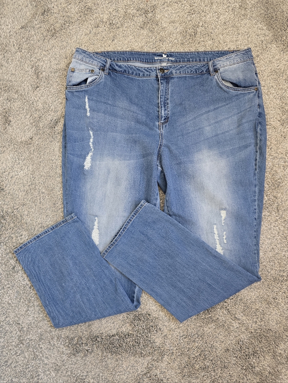 Woman Within Light Blue Straight Leg Distressed Jeans